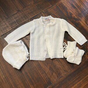 Vintage Cradle Knit White Baby Sweater, Bonnet, and Booties ~ 0-6 Months